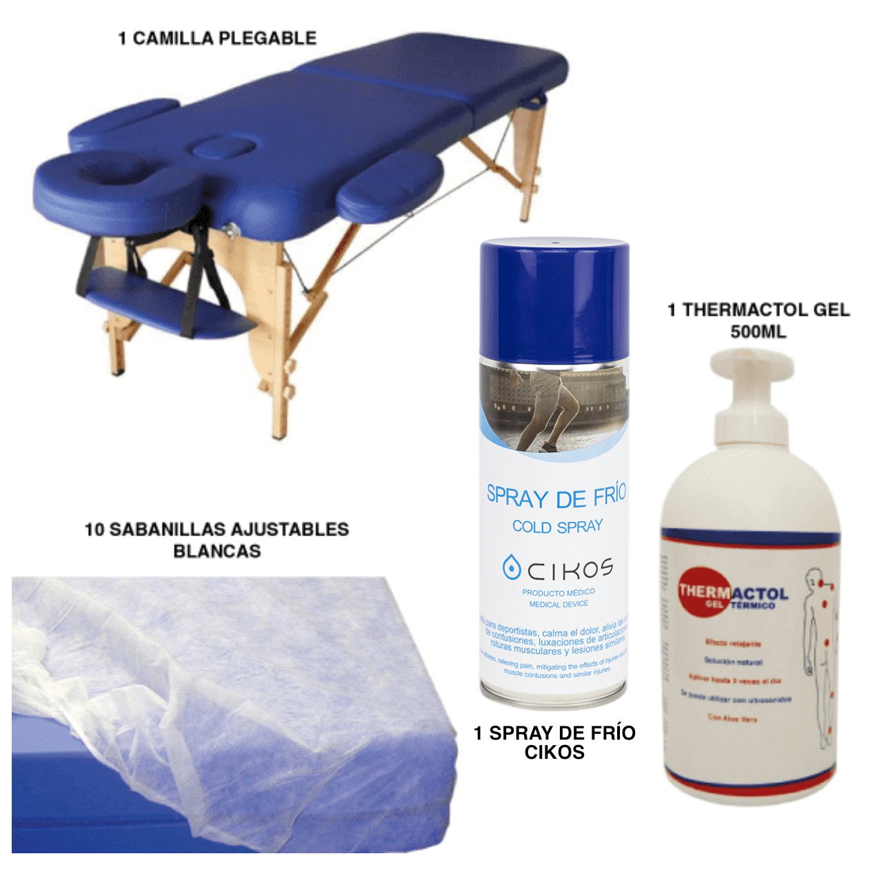 Pack de camilla, Thermactol Gel, spray frío y sabanillas